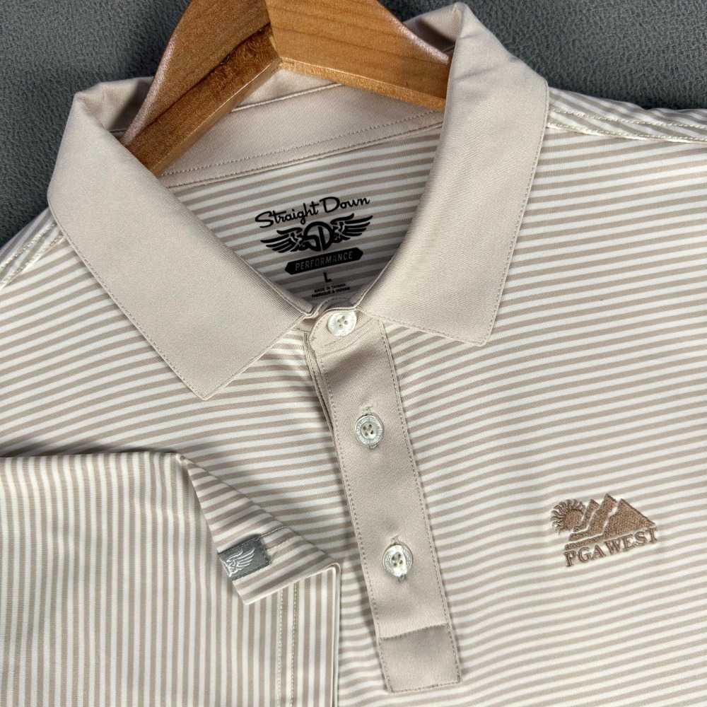 Straight Down Polo Shirt Mens Large Beige Tan PGA West Crest Performance Golf